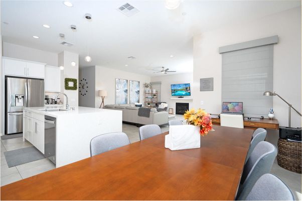 Dining room, Fireplace, Interior, Kitchen, Living room, Pendant Lights, Recessed Lighting, Stainless Steel Appliances