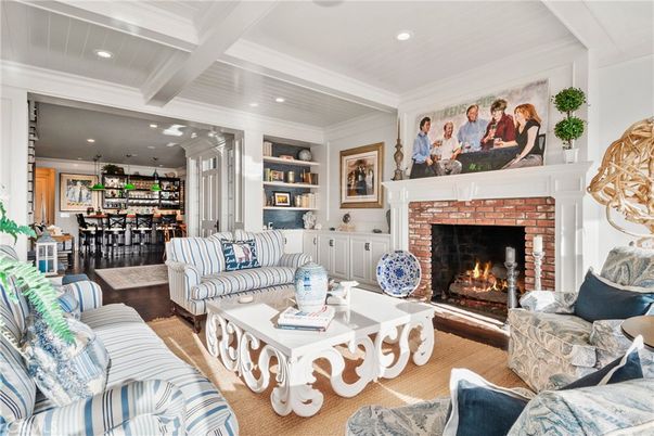 Dining room, Fireplace, Interior, Living room, Pendant Lights, Recessed Lighting, Wood Texture Flooring