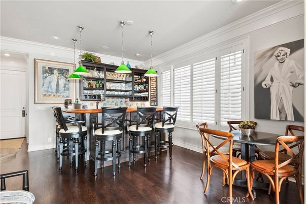 Dining room, Interior, Pendant Lights, Recessed Lighting, Wood Texture Flooring