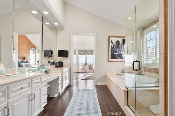 Bathroom, Dual Sink Vanities, Interior, Recessed Lighting, Wood Texture Flooring