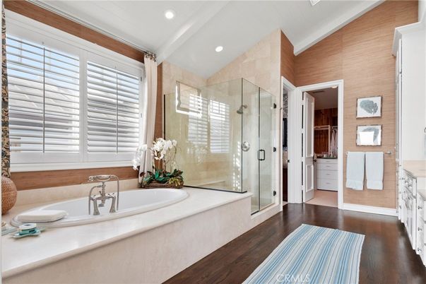 Bathroom, Glass Shower, Interior, Recessed Lighting, Wood Texture Flooring