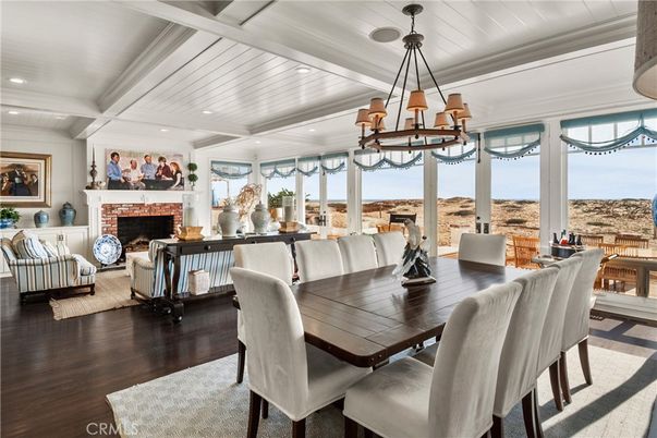 Chandelier, Dining room, Fireplace, Interior, Living room, Recessed Lighting, Wood Texture Flooring