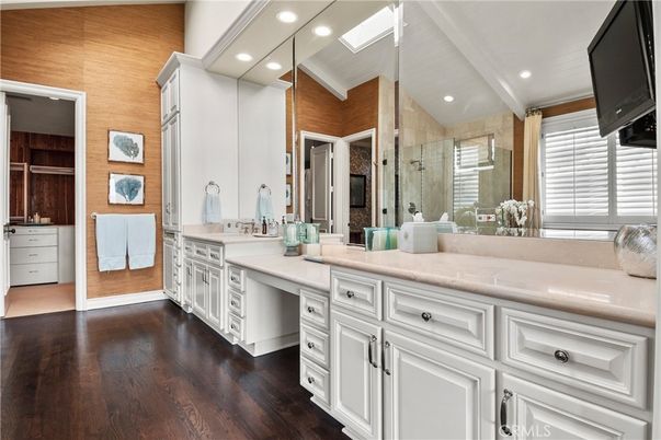 Bathroom, Dual Sink Vanities, Interior, Recessed Lighting, Wood Texture Flooring