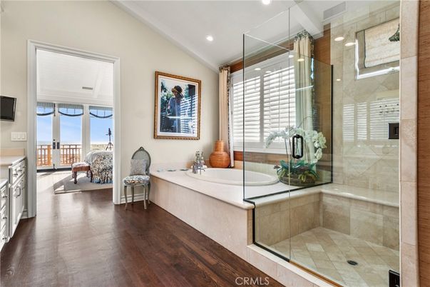 Bathroom, Glass Shower, Interior, Recessed Lighting, Wood Texture Flooring