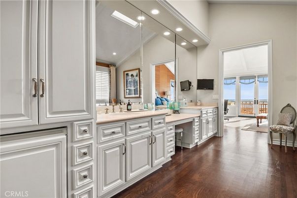 Bathroom, Dual Sink Vanities, Interior, Recessed Lighting, Water, Wood Texture Flooring
