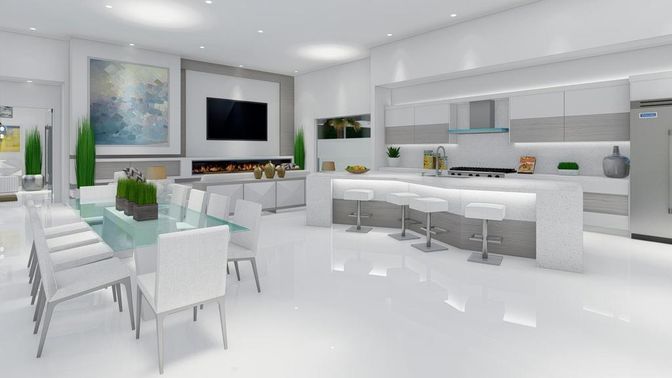 Dining room, Interior, Kitchen, Living room, Recessed Lighting