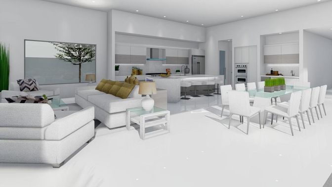 Dining room, Interior, Kitchen, Living room, Recessed Lighting, Stainless Steel Appliances