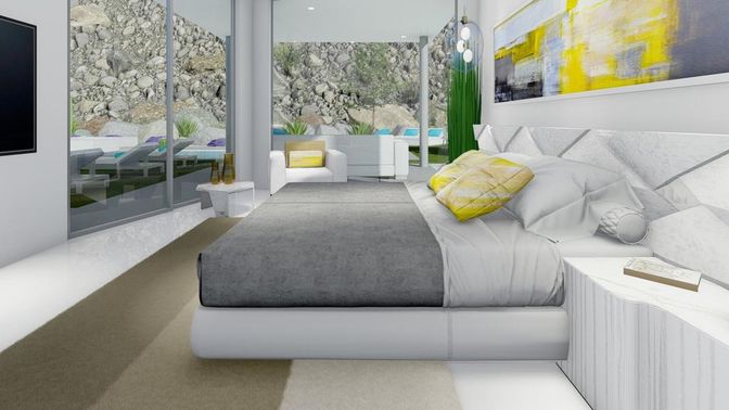 Bedroom, Interior, Pendant Lights, Stone Walls