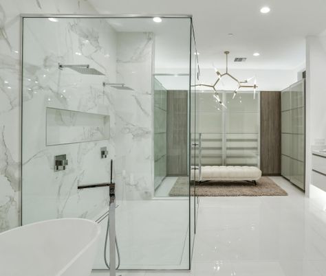 Bathroom, Free Standing Baths, Glass Shower, Interior, Marble Walls, Pendant Lights, Recessed Lighting