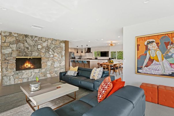 Dining room, Fireplace, Interior, Kitchen, Living room, Pendant Lights, Recessed Lighting, Stone Walls