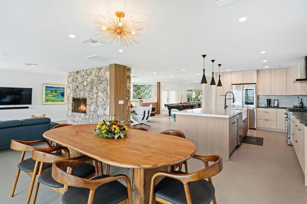Dining room, Fireplace, Interior, Kitchen, Living room, Pendant Lights, Recessed Lighting, Stainless Steel Appliances, Stone Walls