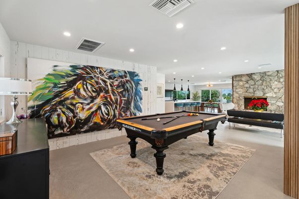 Billiard Table, Fireplace, Game Room, Interior, Pendant Lights, Recessed Lighting, Stone Walls