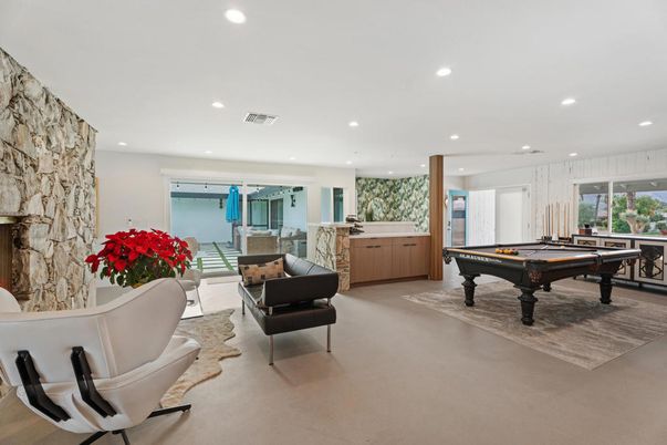 Billiard Table, Game Room, Interior, Living room, Recessed Lighting, Stone Walls