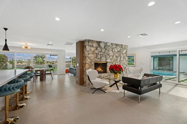 Dining room, Fireplace, Interior, Living room, Pendant Lights, Recessed Lighting, Stone Walls