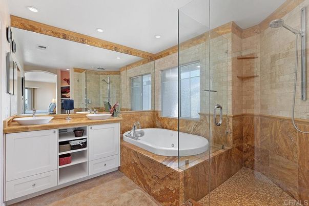 Bathroom, Dual Sink Vanities, Glass Shower, Interior, Recessed Lighting