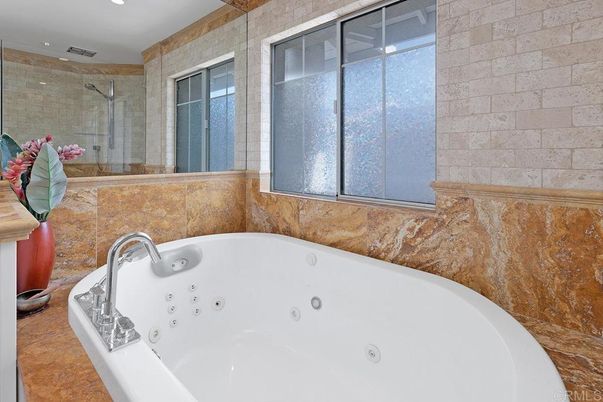 Bathroom, Glass Shower, Hot Tub, Interior, Recessed Lighting, Stone Walls