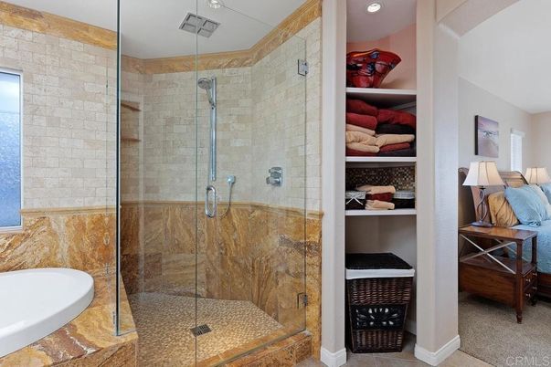 Bathroom, Glass Shower, Interior, Recessed Lighting, Stone Walls