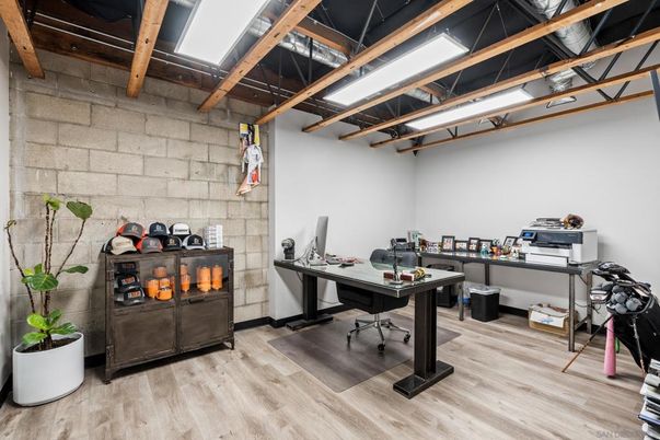 Home Office, Interior, Stone Walls, Wooden Beams, Wood Texture Flooring