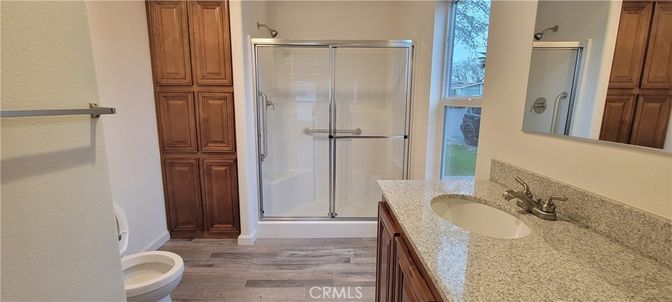 Bathroom, Glass Shower, Interior, Wood Texture Flooring