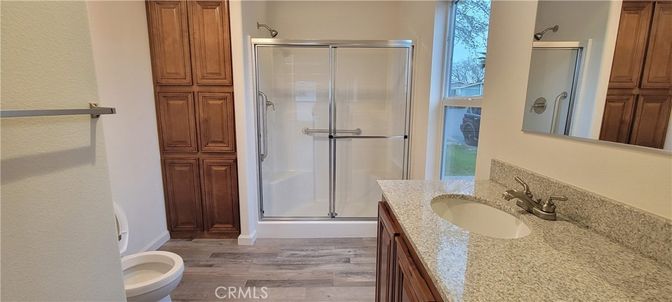 Bathroom, Glass Shower, Interior, Wood Texture Flooring