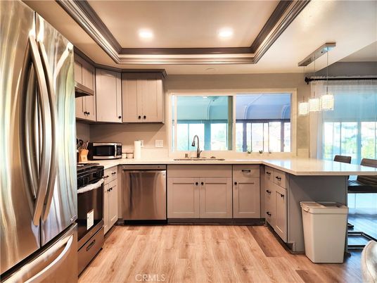 Interior, Kitchen, Pendant Lights, Recessed Lighting, Stainless Steel Appliances, Wood Texture Flooring