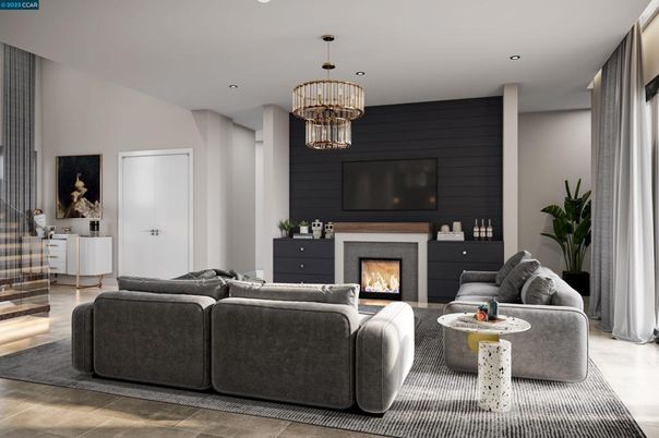 Chandelier, Fireplace, Interior, Living room, Recessed Lighting