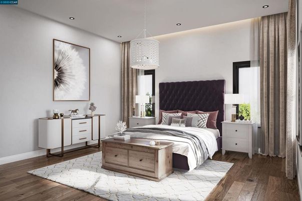 Bedroom, Interior, Pendant Lights, Recessed Lighting, Wood Texture Flooring