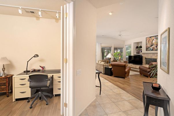 Fireplace, Home Office, Interior, Living room, Recessed Lighting, Wood Texture Flooring