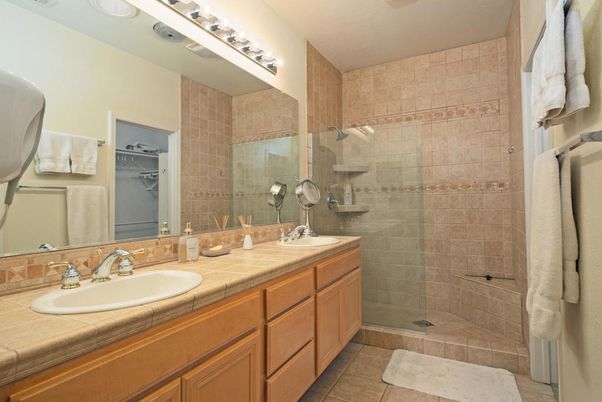 Bathroom, Dual Sink Vanities, Glass Shower, Interior, Tile Countertops