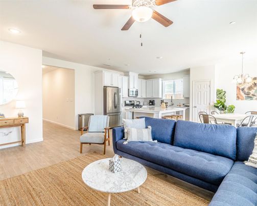 Dining room, Interior, Kitchen, Living room, Pendant Lights, Recessed Lighting, Stainless Steel Appliances, Wood Texture Flooring