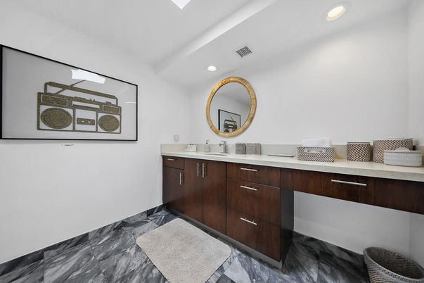 Bathroom, Dual Sink Vanities, Interior, Marble, Recessed Lighting
