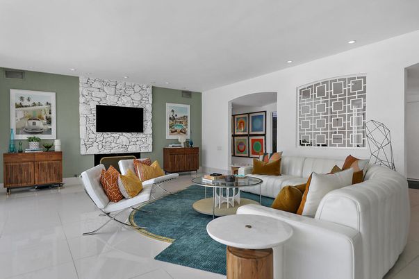 Fireplace, Interior, Living room, Recessed Lighting, Stone Walls