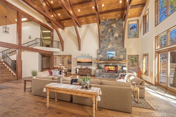 Fireplace, Interior, Living room, Recessed Lighting, Stone Walls, Wooden Beams, Wooden Ceilings, Wood Texture Flooring