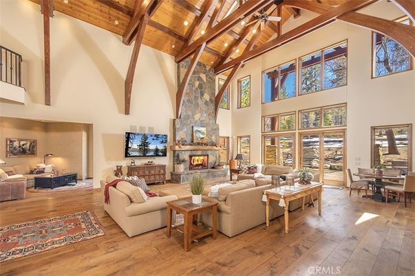 Dining room, Fireplace, Interior, Living room, Recessed Lighting, Wooden Beams, Wooden Ceilings, Wood Texture Flooring