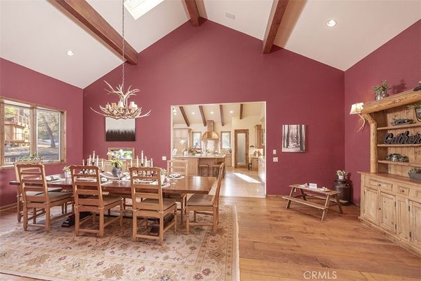 Dining room, Interior, Recessed Lighting, Wooden Beams, Wood Texture Flooring