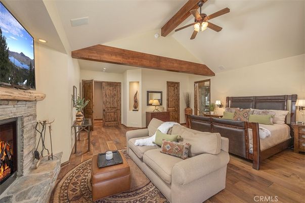 Bedroom, Fireplace, Interior, Living room, Recessed Lighting, Wooden Beams, Wood Texture Flooring
