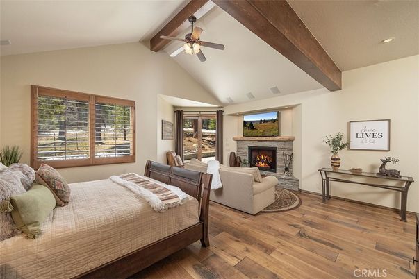 Bedroom, Fireplace, Interior, Living room, Recessed Lighting, Wooden Beams, Wood Texture Flooring