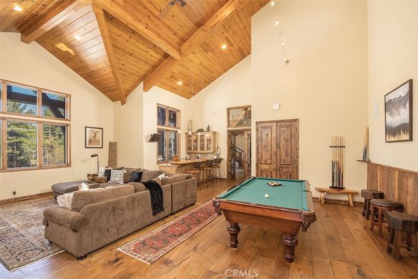 Billiard Table, Game Room, Interior, Living room, Recessed Lighting, Wooden Beams, Wooden Ceilings, Wood Texture Flooring