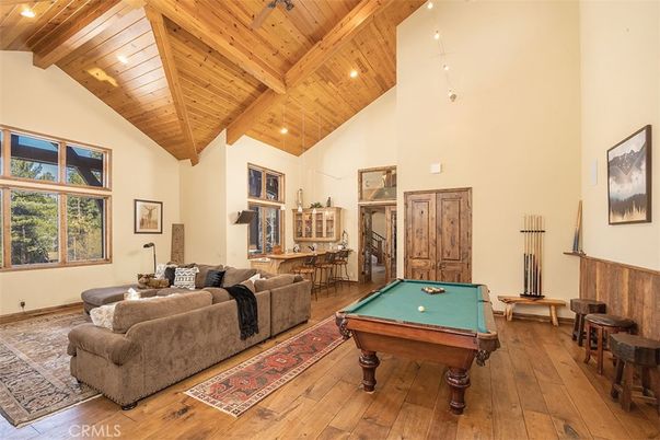 Billiard Table, Game Room, Interior, Living room, Recessed Lighting, Wooden Beams, Wooden Ceilings, Wood Texture Flooring