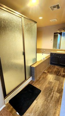 Bathroom, Glass Shower, Interior, Recessed Lighting, Wood Texture Flooring