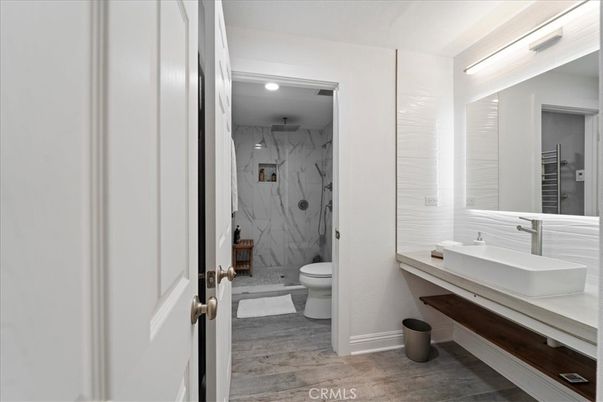 Bathroom, Interior, Marble Walls, Recessed Lighting, Wood Texture Flooring