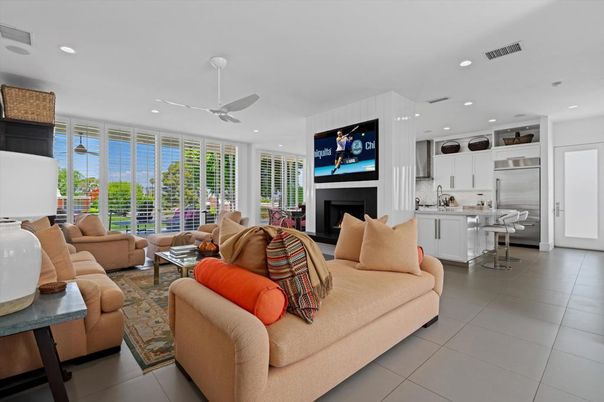 Fireplace, Interior, Kitchen, Living room, Recessed Lighting, Stainless Steel Appliances