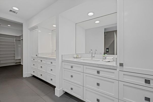Bathroom, Dual Sink Vanities, Interior, Recessed Lighting, Walk-in Closets
