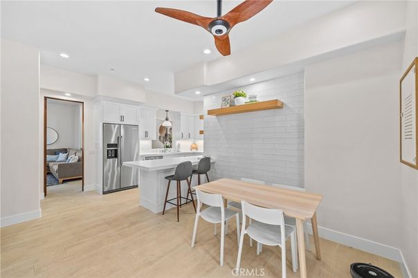 Dining room, Interior, Kitchen, Recessed Lighting, Stainless Steel Appliances, Wood Texture Flooring