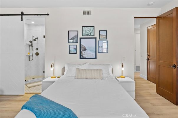 Bathroom, Bedroom, Glass Shower, Interior, Recessed Lighting, Wood Texture Flooring