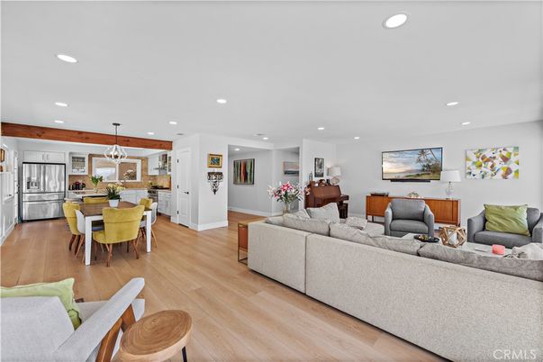 Dining room, Interior, Kitchen, Living room, Pendant Lights, Recessed Lighting, Stainless Steel Appliances, Wood Texture Flooring