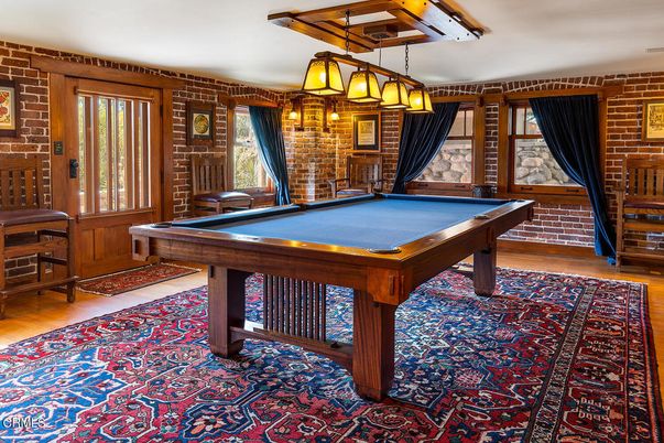 Billiard Table, Game Room, Interior, Stone Walls, Wood Texture Flooring
