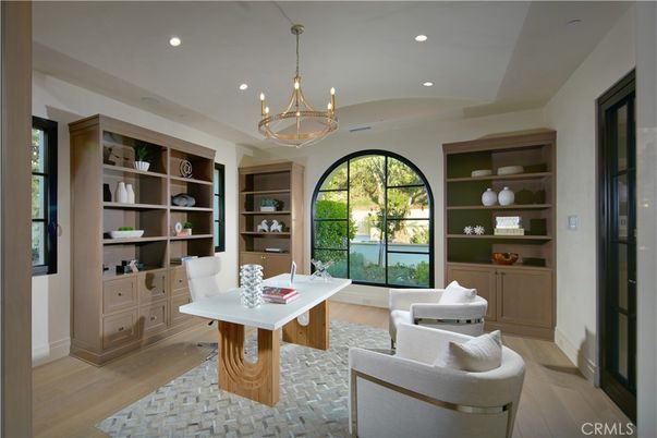 Chandelier, Home Office, Interior, Pendant Lights, Recessed Lighting, Wood Texture Flooring