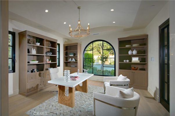 Chandelier, Home Office, Interior, Pendant Lights, Recessed Lighting, Wood Texture Flooring