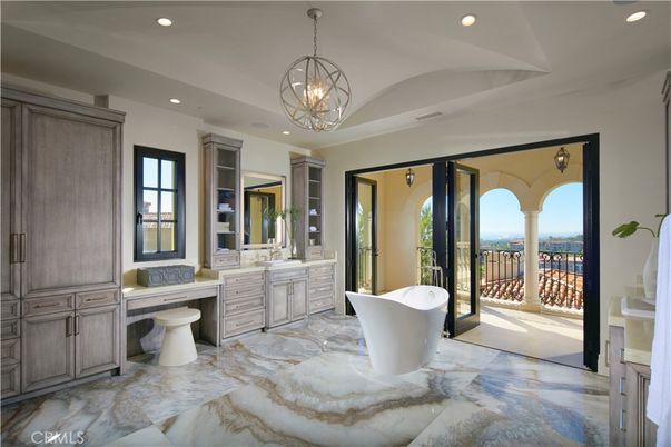 Bathroom, Chandelier, Free Standing Baths, Interior, Marble, Pendant Lights, Recessed Lighting